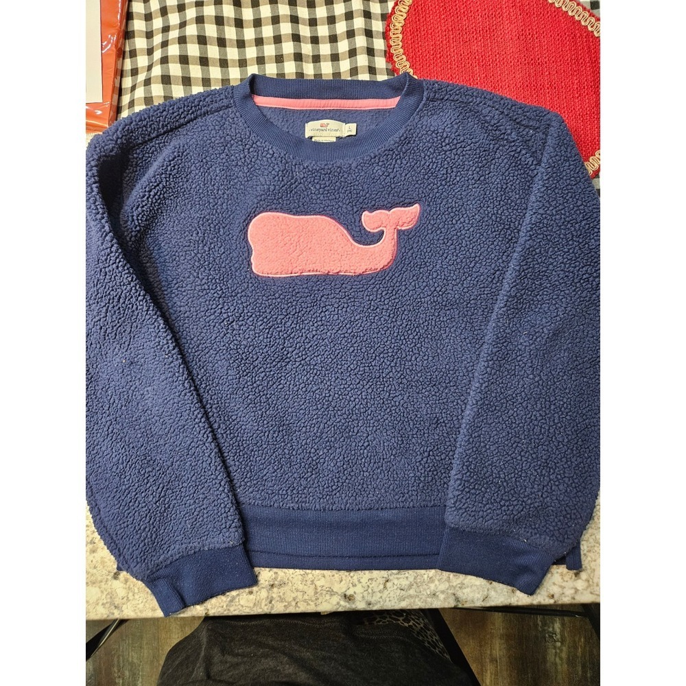 Vineyard Vines Preppy Kids Sherpa Fleece Whale Sweatshirt Blue Pink Size 14